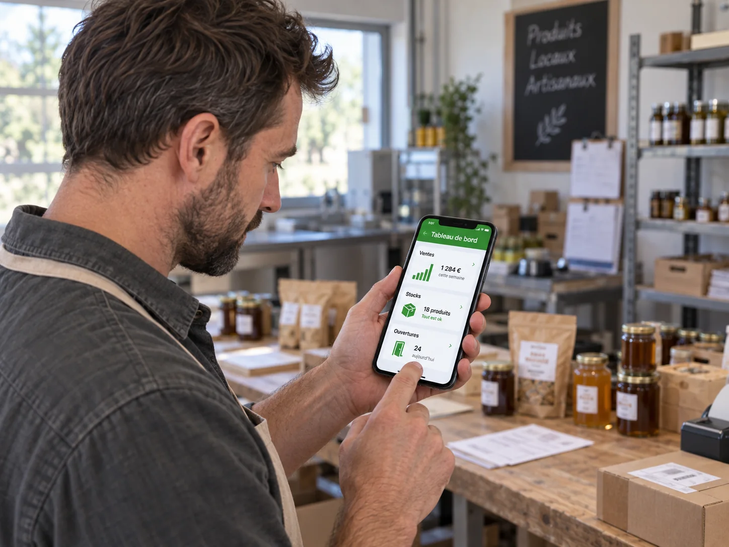 Commerçant consultant les ventes, les stocks et les ouvertures de son casier sec libre-service sur son téléphone