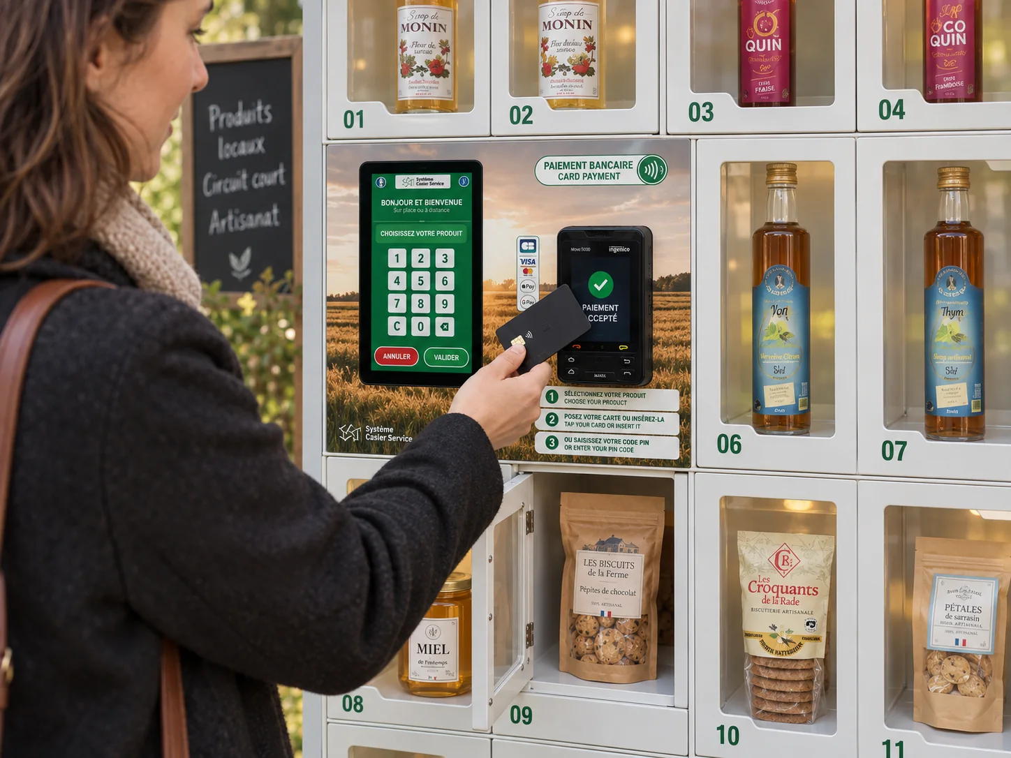Cliente payant par carte sans contact sur la borne d’un casier sec libre-service