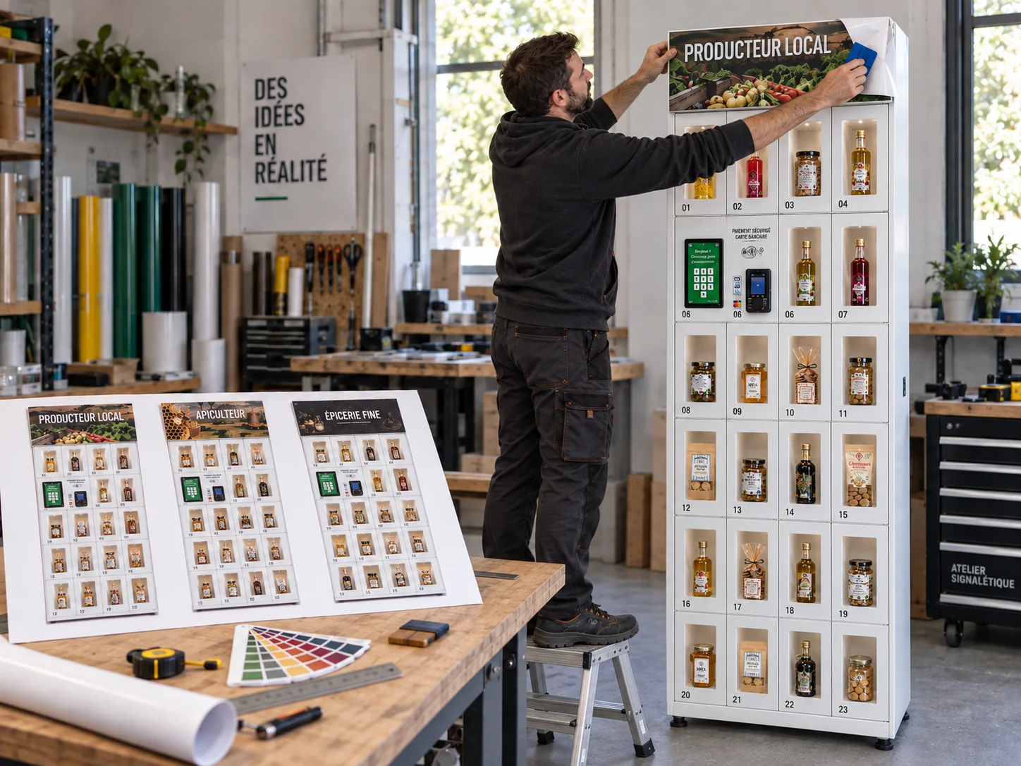 Pose d’un habillage personnalisé « Producteur local » sur un casier sec libre-service dans l’atelier de signalétique