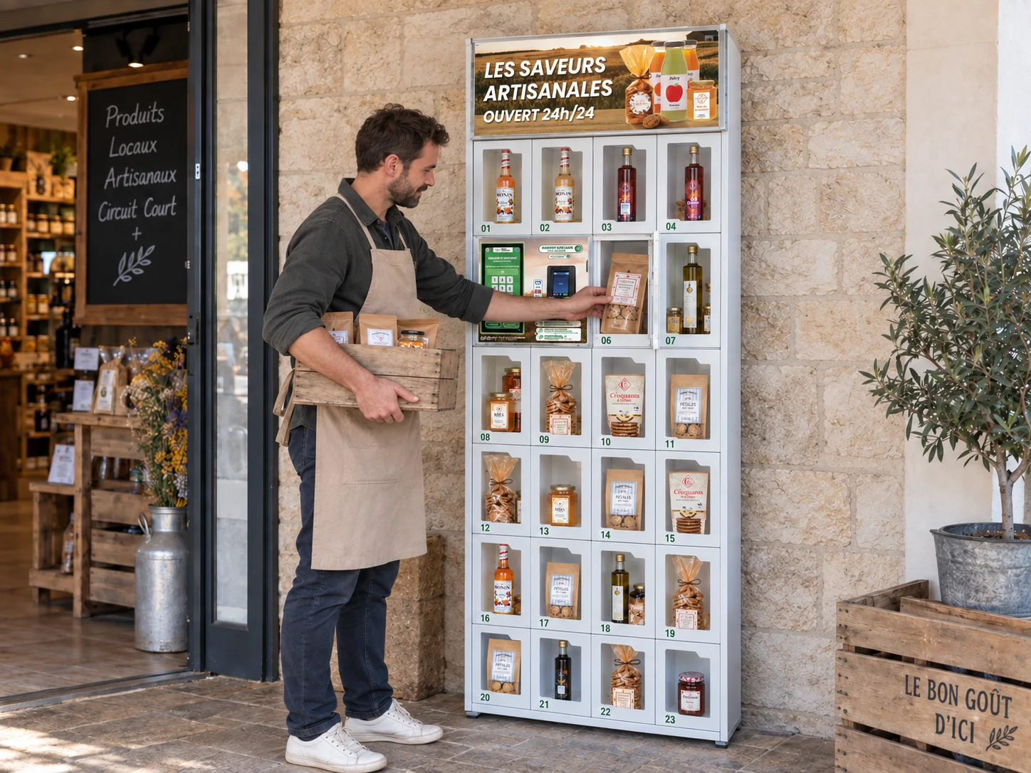 Commerçant réapprovisionnant un casier sec libre-service en produits d’épicerie devant sa boutique