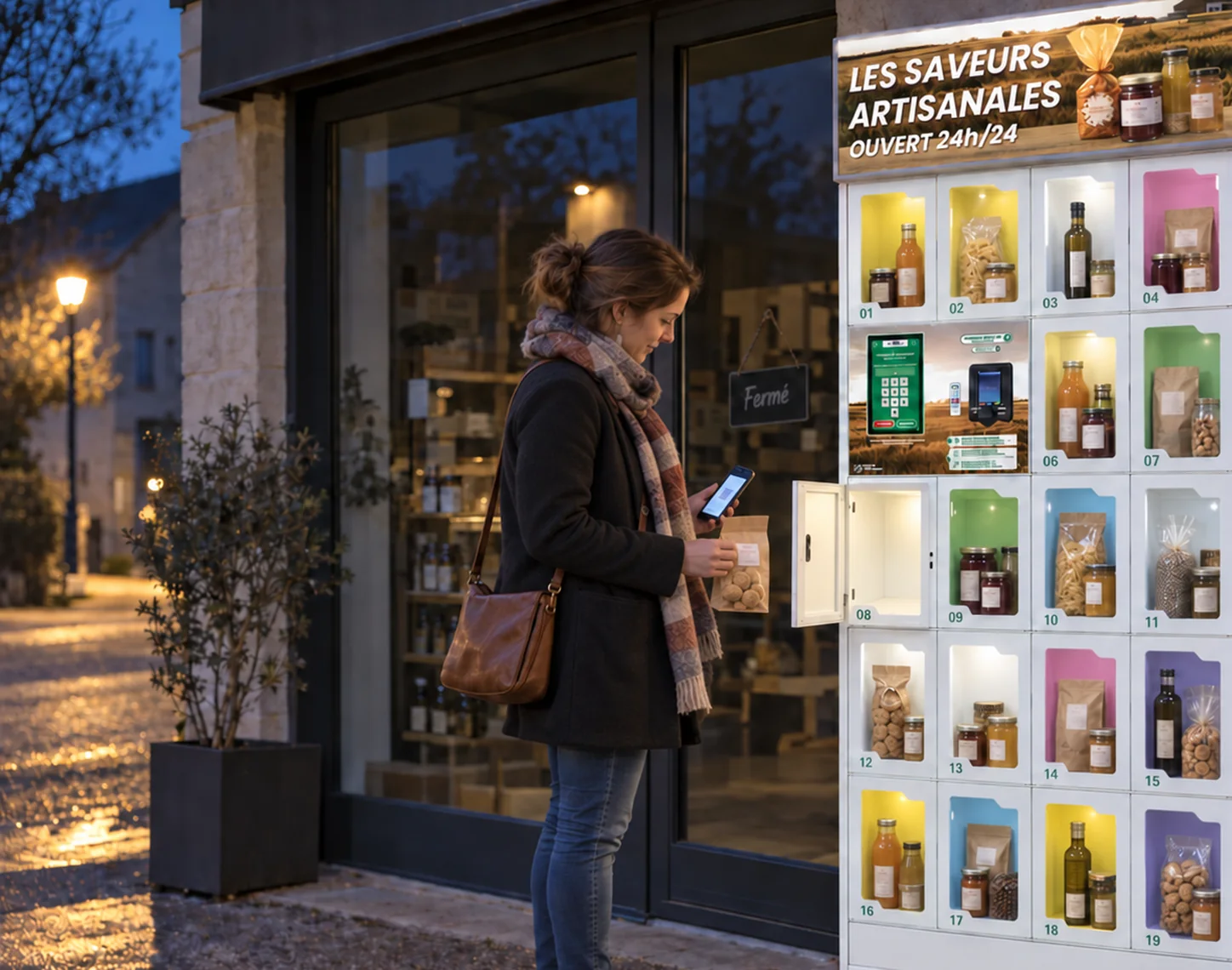 Cliente retirant sa commande de nuit dans un casier sec libre-service ouvert 24h/24 devant une épicerie fermée