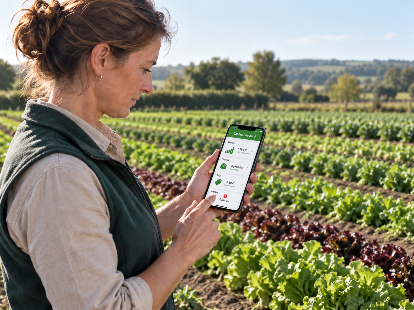 Productrice consultant depuis son champ les stocks, ventes, prix et alertes de son casier libre-service