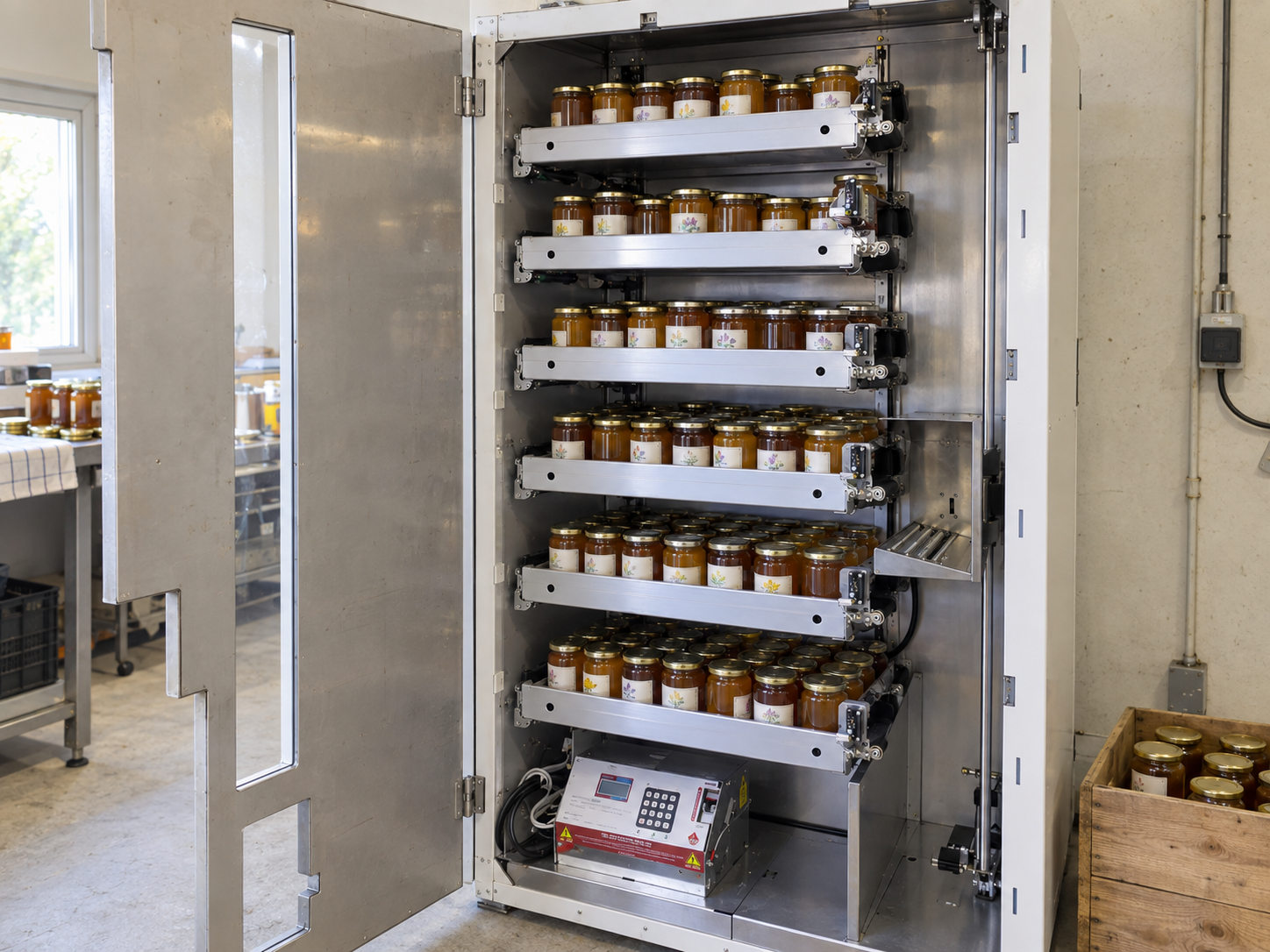 Intérieur d’un Distri’Pot avec ses six niveaux de convoyeurs chargés de nombreux pots de miel