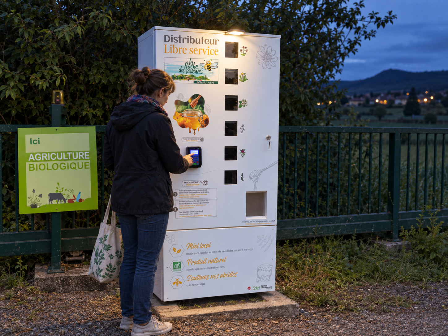 Cliente utilisant un Distri’Pot en libre-service au crépuscule