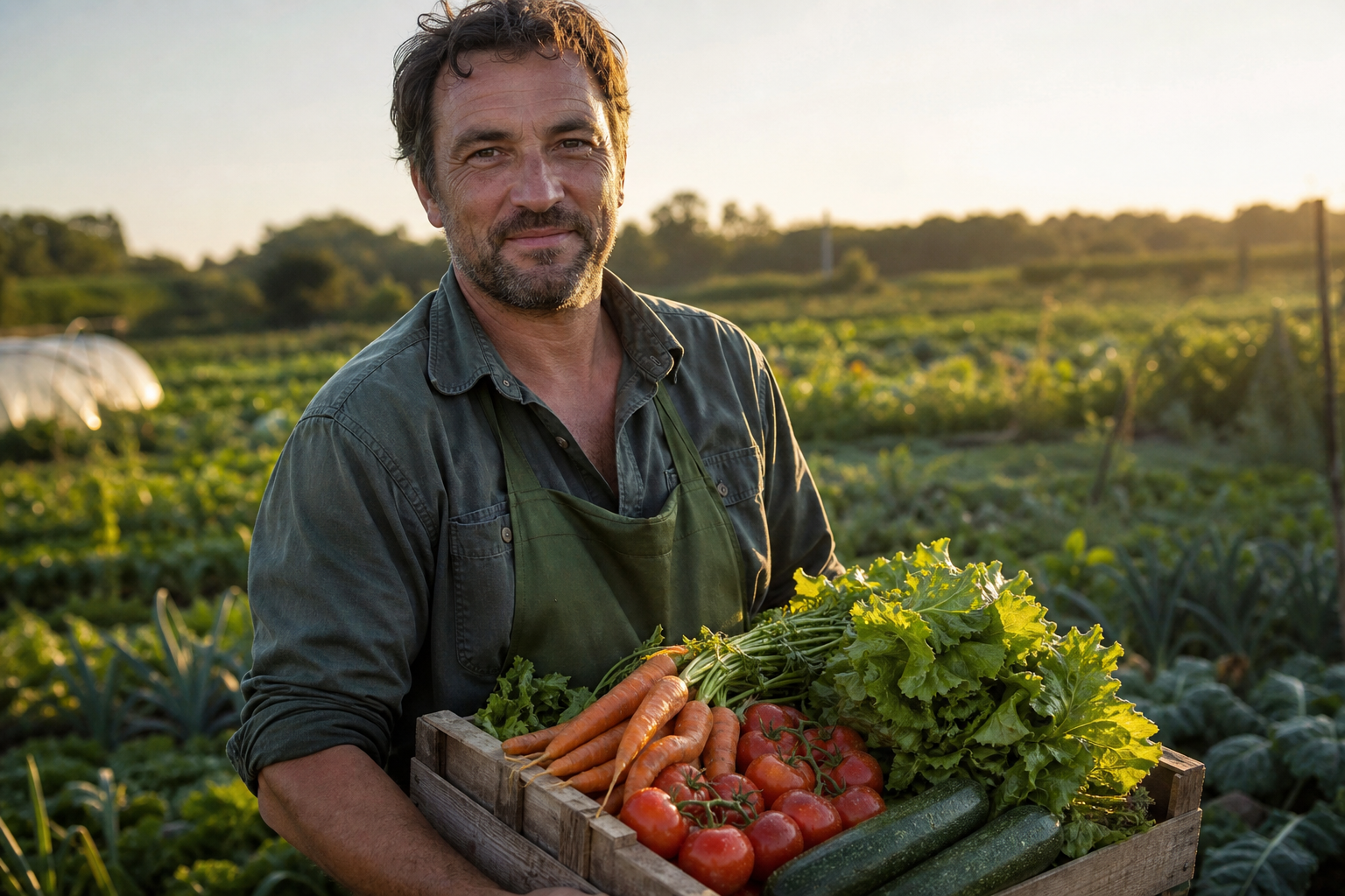 Producteur local avec des cagettes de légumes frais à la ferme