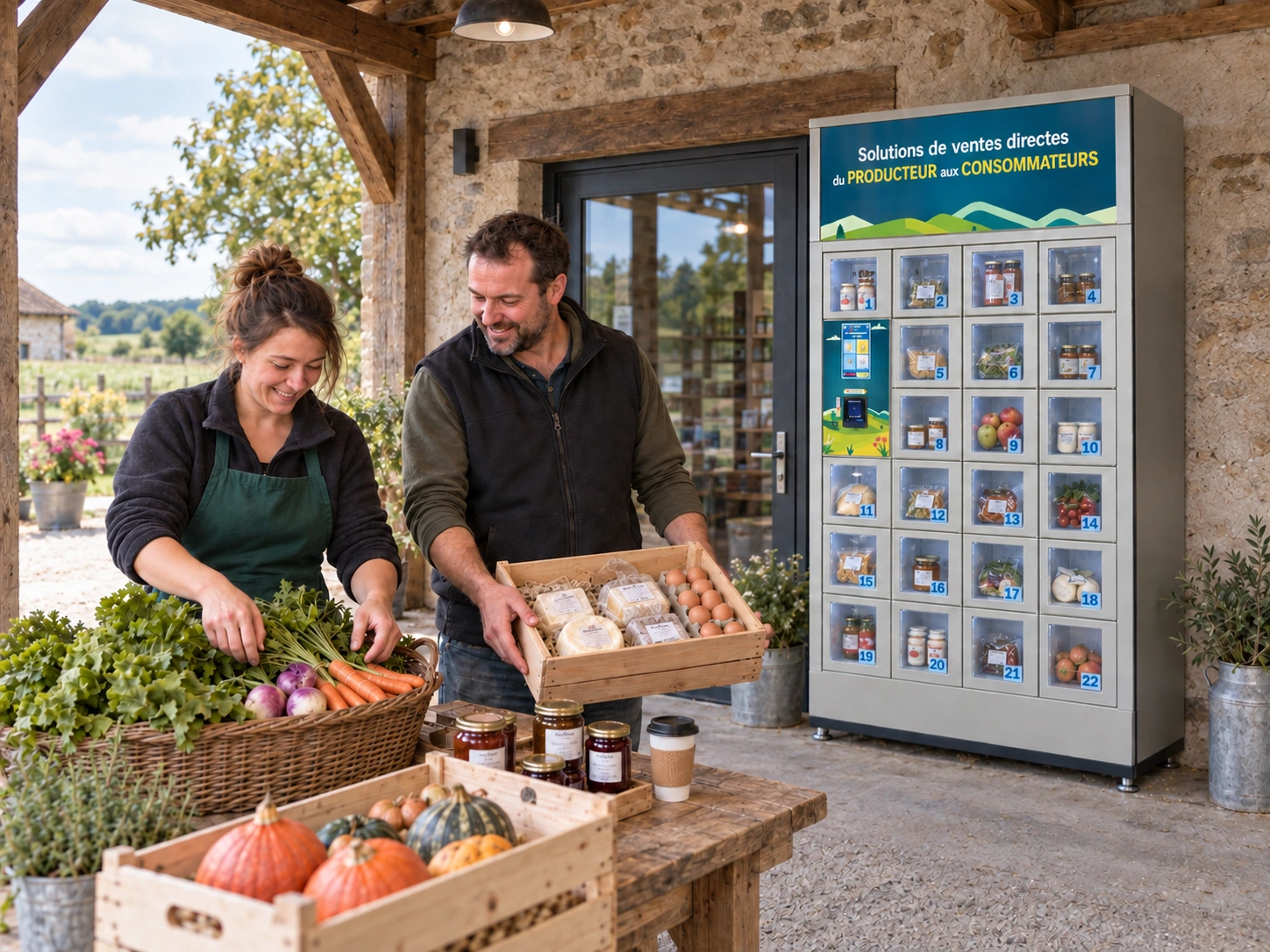Deux producteurs préparant légumes, fromages et œufs près du module à 22 casiers, sous un auvent extérieur devant leur boutique fermée.