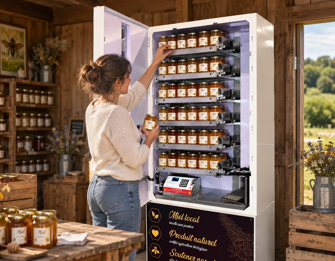 Productrice réapprovisionnant un Distri’Pot ouvert, avec ses six niveaux de convoyeurs chargés de pots de miel