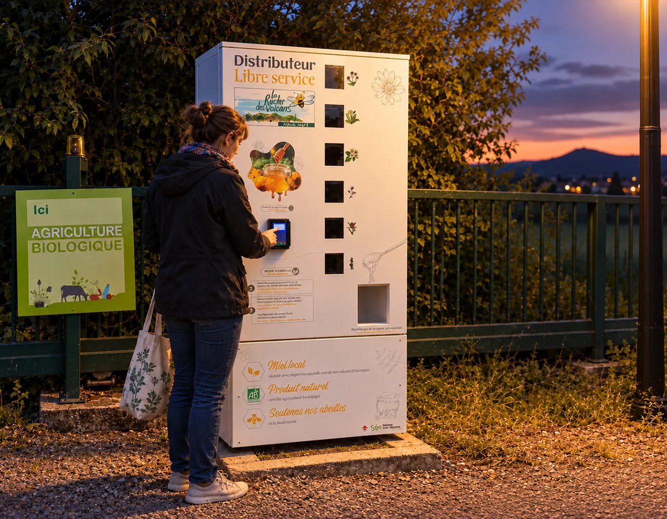 Cliente utilisant un Distri’Pot en libre-service au crépuscule