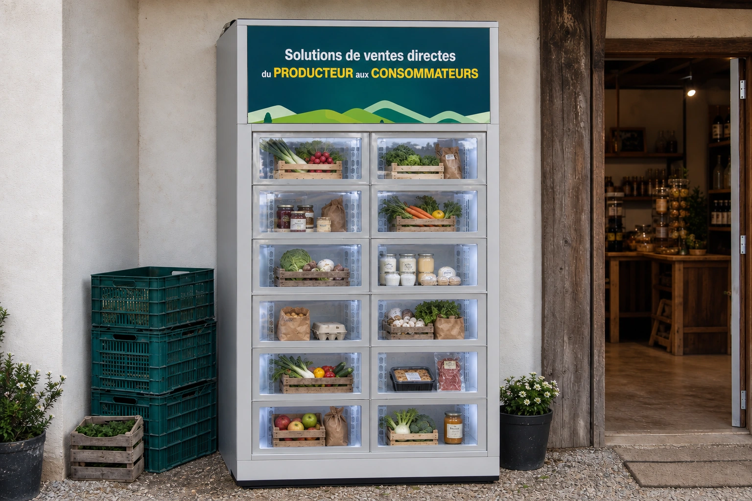 Module réfrigéré à 12 grands casiers garni de paniers et de produits frais devant un magasin de ferme