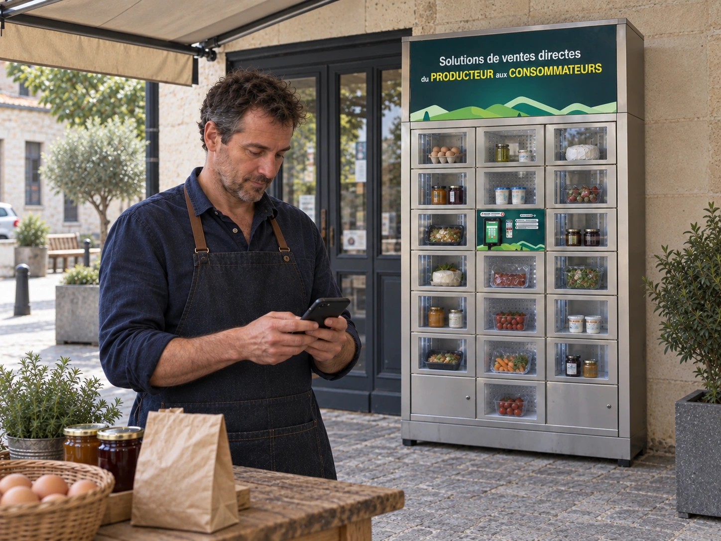 Producteur consultant son téléphone sous un auvent ouvert, à côté du Rotatif mixte accessible depuis la cour.