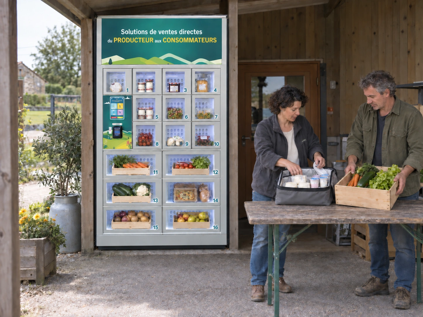 Deux producteurs préparent légumes, fromages et yaourts près du module 16 mixte installé sous un auvent extérieur ouvert.