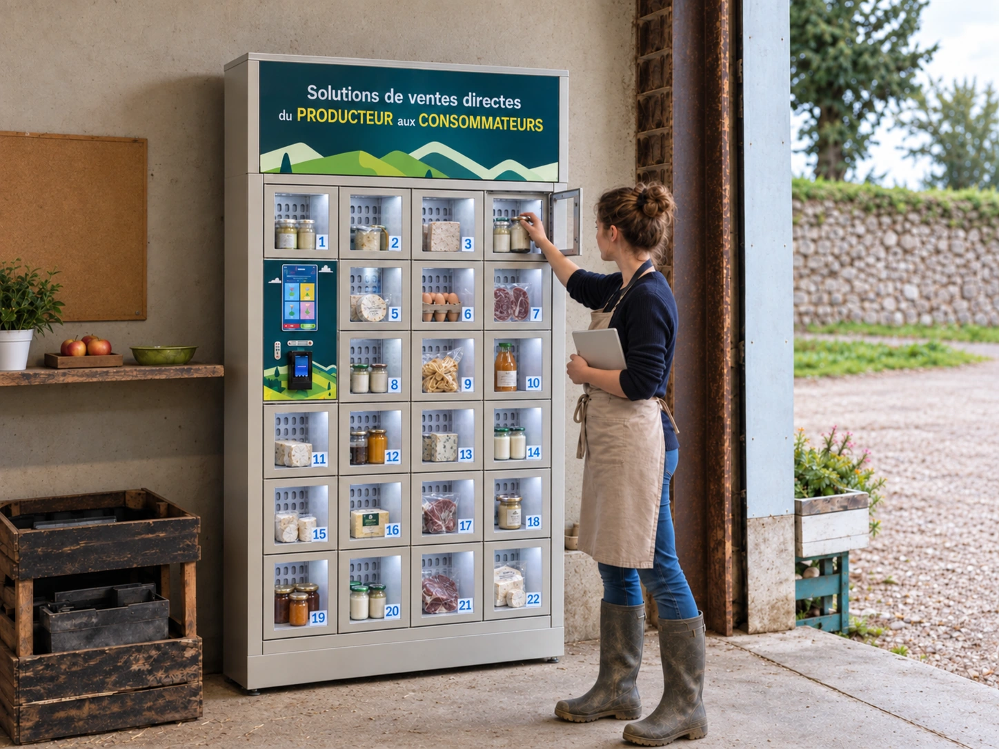 Productrice réassortissant le module à 22 casiers sous un abri de ferme ouvert sur l’extérieur.