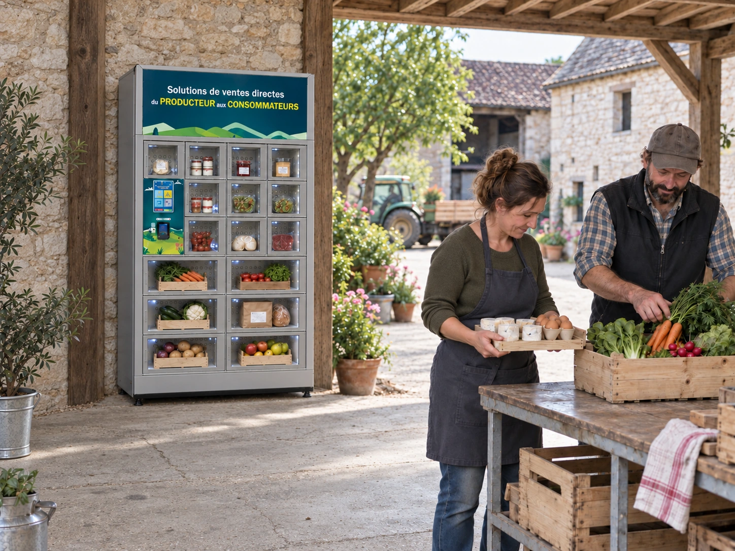 Deux producteurs préparant leurs produits près du module à 16 casiers mixtes sous un préau extérieur.