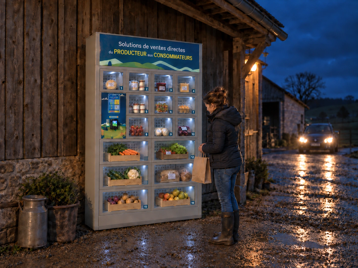 Cliente devant le module à 16 casiers mixtes la nuit, avec les phares de sa voiture dans la cour de ferme.