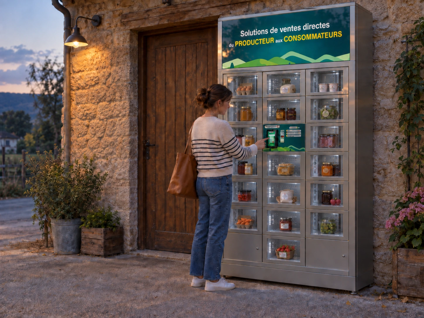 Cliente utilisant le PAX central du Rotatif mixte en extérieur devant un magasin fermé, avec un assortiment de produits frais.