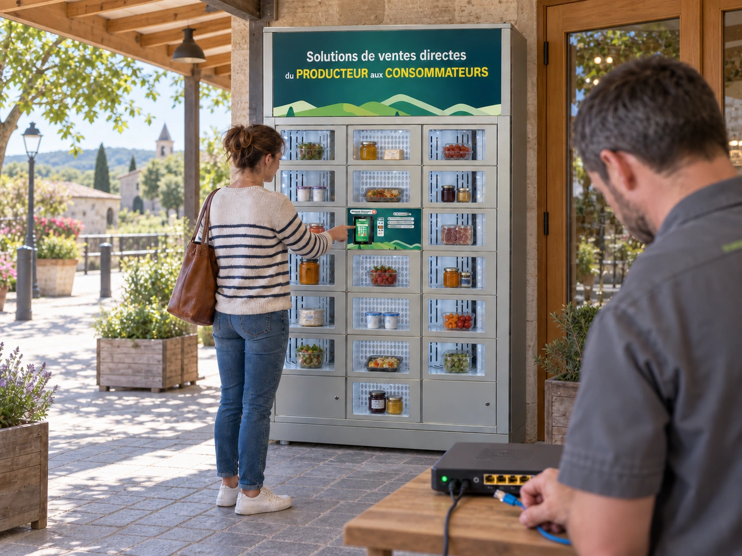 Une cliente utilise le Rotatif mixte extérieur pendant le contrôle d’une connexion réseau sur une table sous auvent.