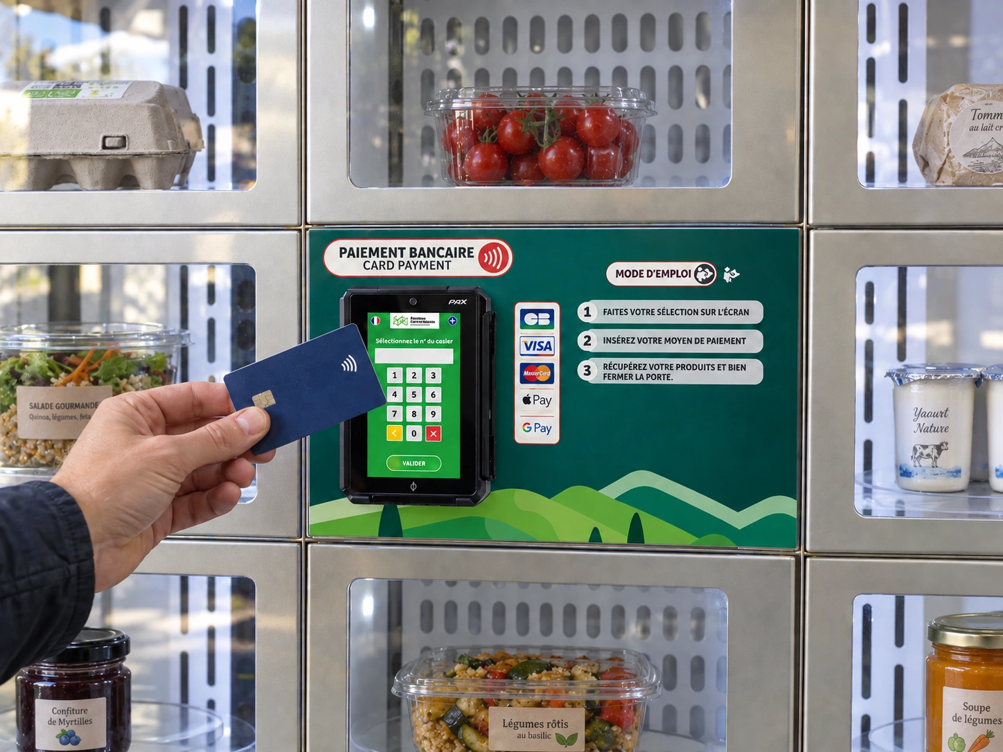 Carte sans contact présentée au PAX intégré au centre du Rotatif mixte, entouré de compartiments aux produits variés.