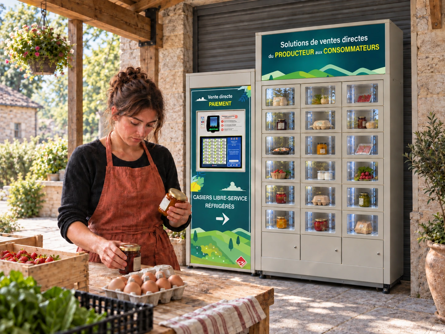 Productrice vérifiant ses bocaux avant réassort d’un Rotatif 54 avec borne attenante, devant le commerce fermé.