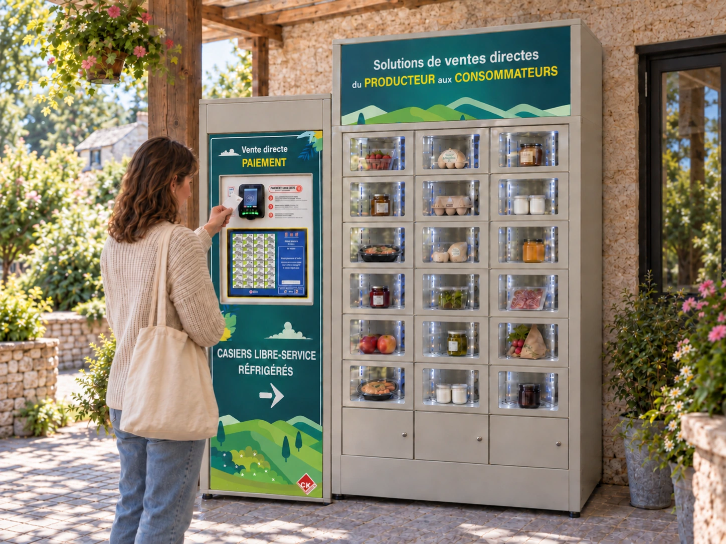 Cliente présentant sa carte au lecteur supérieur de la borne attenante au Rotatif 54, à l’extérieur du magasin fermé.