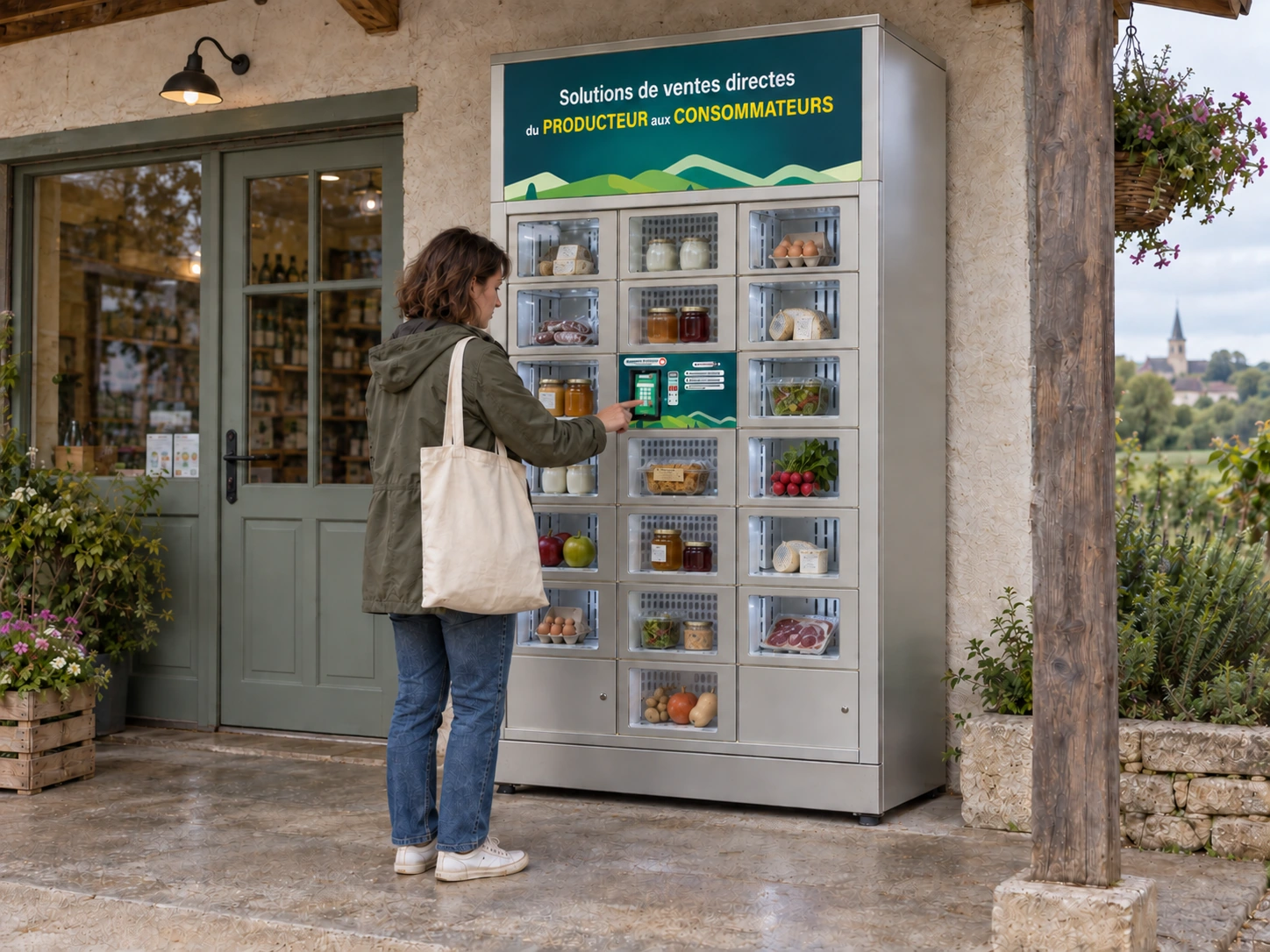 Cliente utilisant le terminal central du Rotatif 41 à l’extérieur d’une boutique fermée.