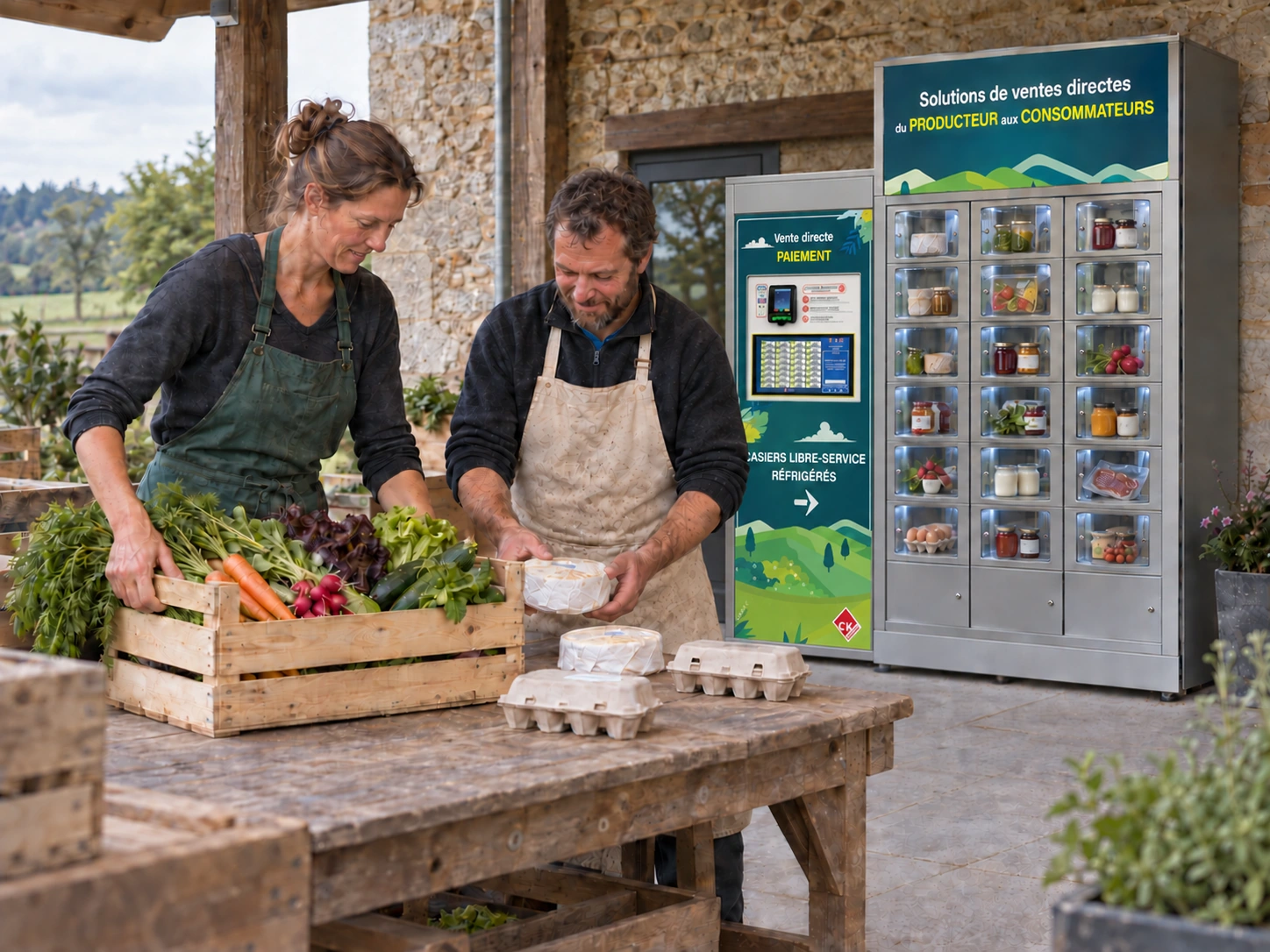Deux producteurs préparant légumes et fromages près du Rotatif 54 et de sa borne accolée, à l’extérieur du magasin.