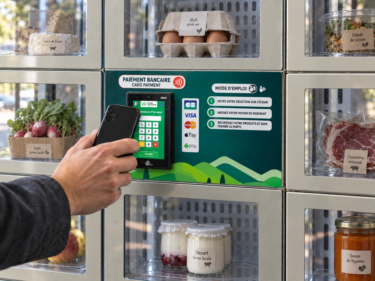 Paiement sans contact par téléphone sur le terminal central du Rotatif 41, avec des produits variés derrière les vitres.