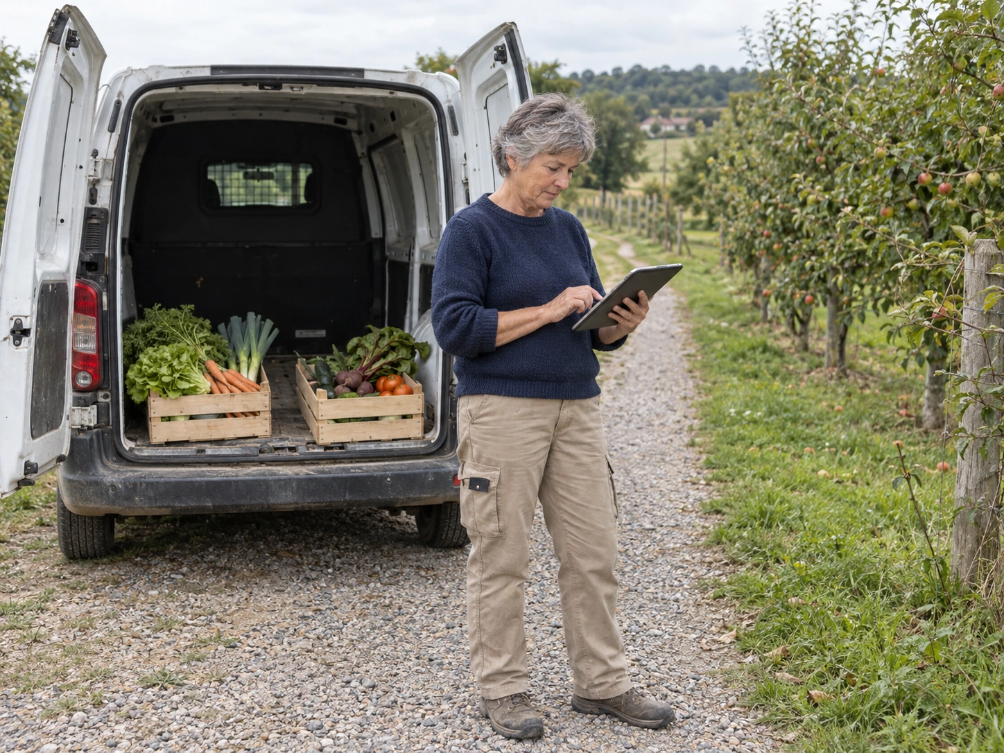 Maraîchère consultant sa tablette près de son utilitaire et de deux cagettes de légumes, au bord d’un verger, avant le réassort.