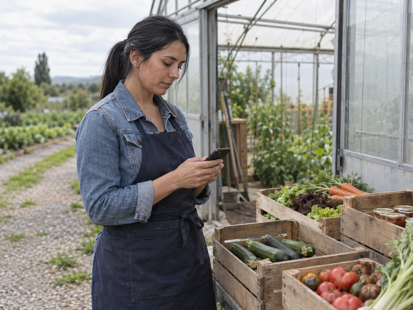 Productrice consultant son smartphone en extérieur près de sa serre maraîchère, avant le réassort de légumes et de bocaux.
