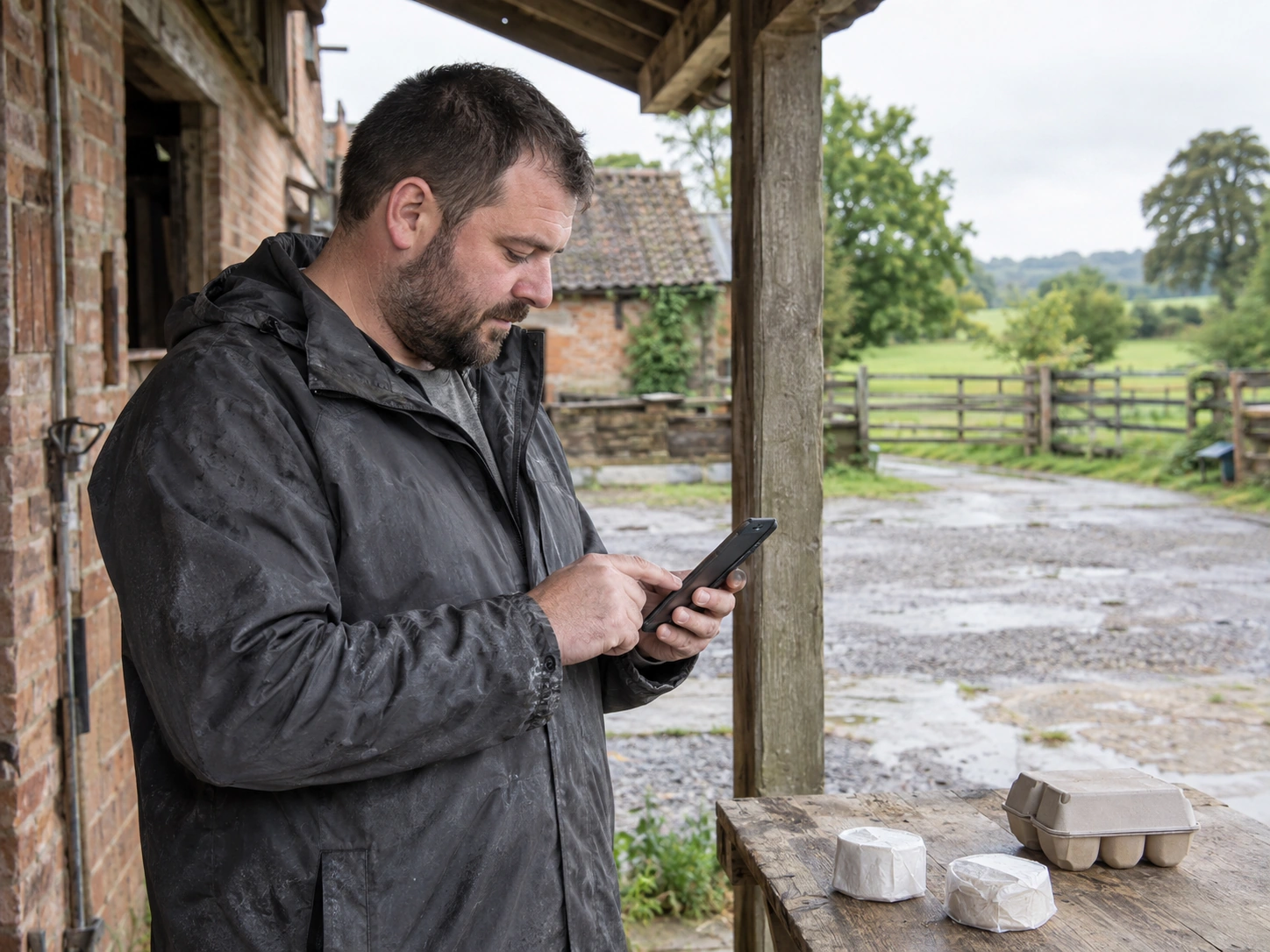 Agriculteur consultant son téléphone sous un auvent de ferme, avec des fromages emballés et une boîte d’œufs sur une petite table.